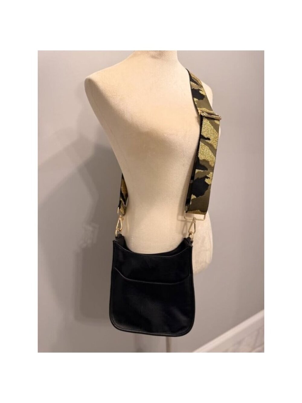 NEW Ah Dorned black vegan leather crossbody bag adjustable camo guitar strap